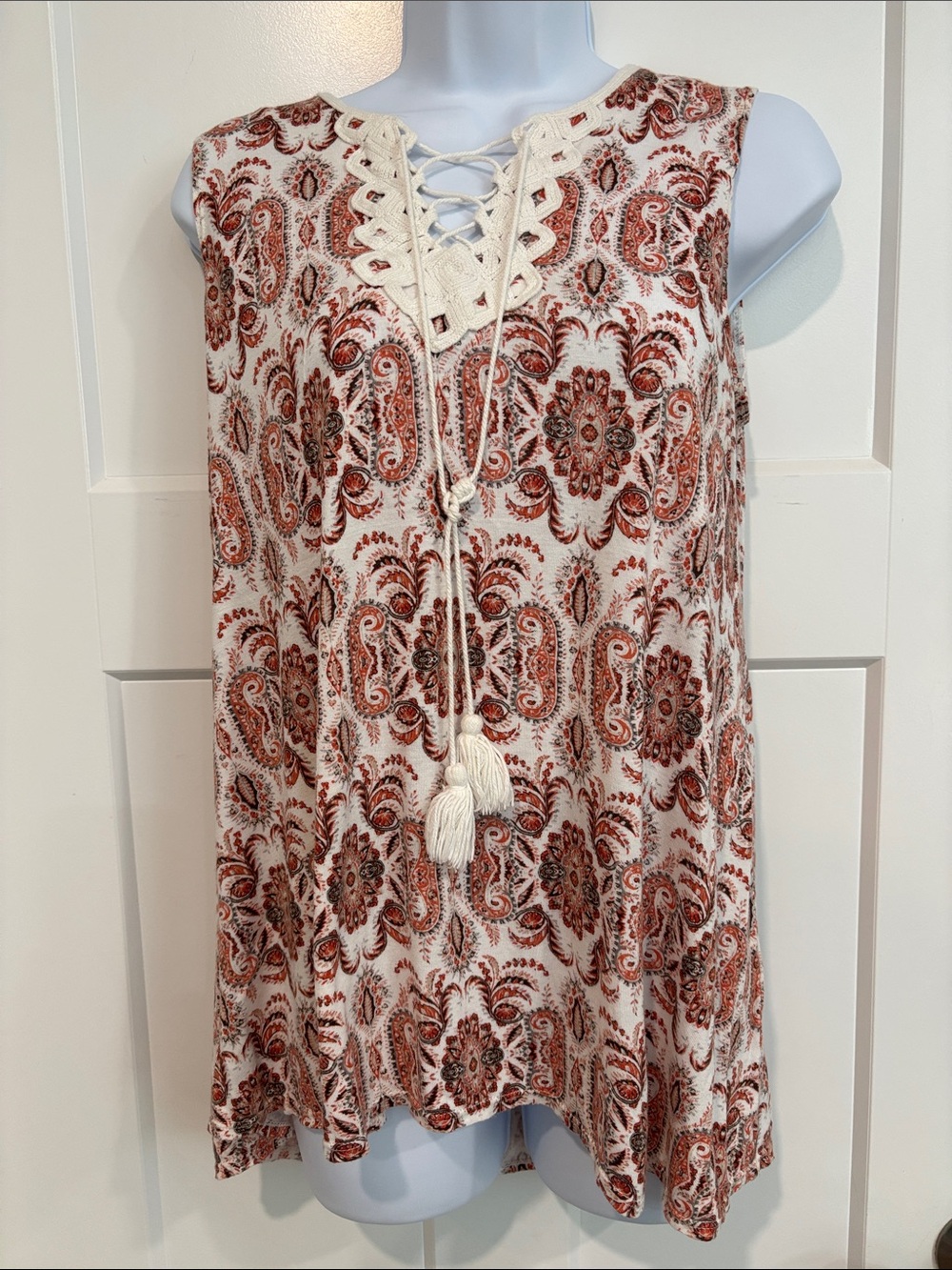 Max Studio Paisley Lace-Up Tassel Tank in Rust & Cream